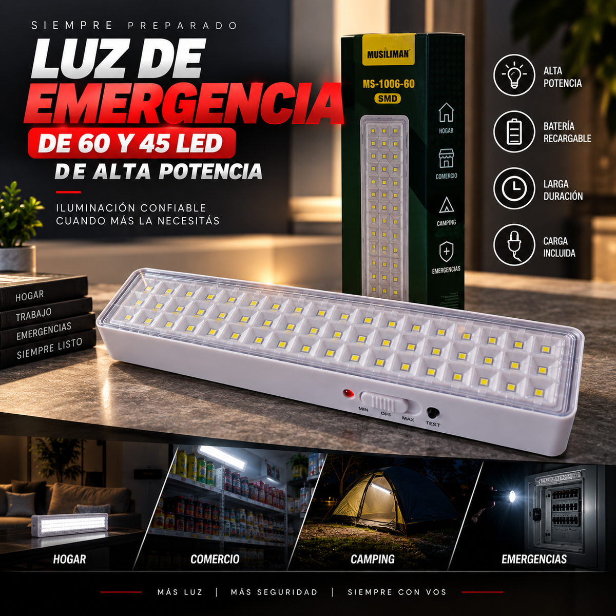 Luz de Emergencia LED 60/45 SMD de Alta Potencia – Recargable