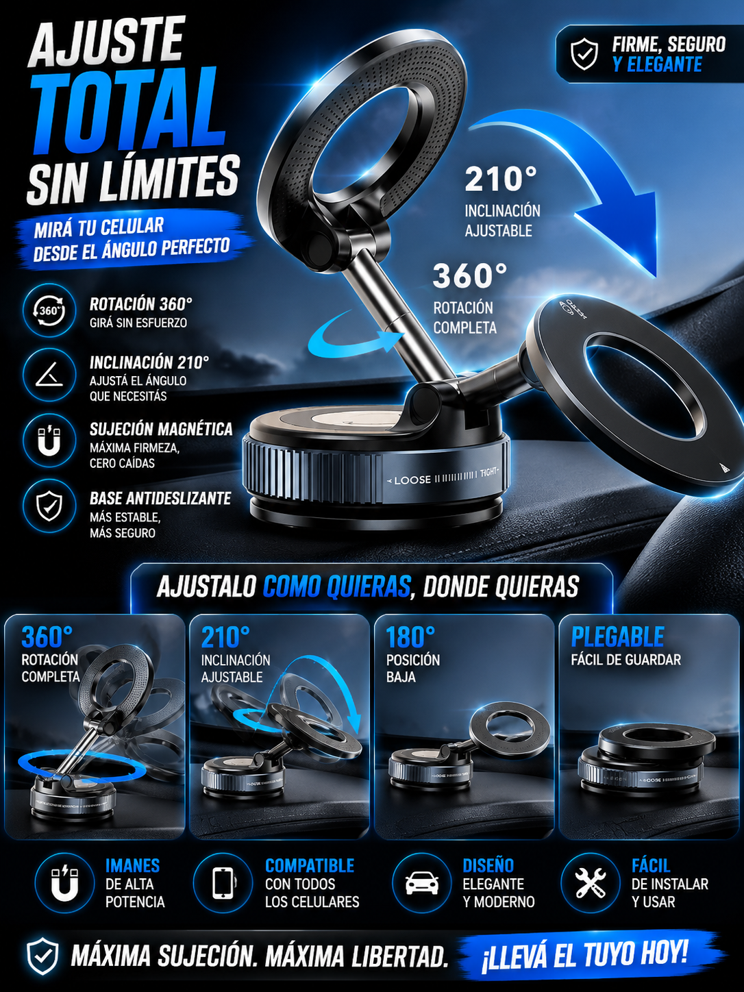 Soporte Magnético para Celular con Ventosa 360° para Auto y Escritorio