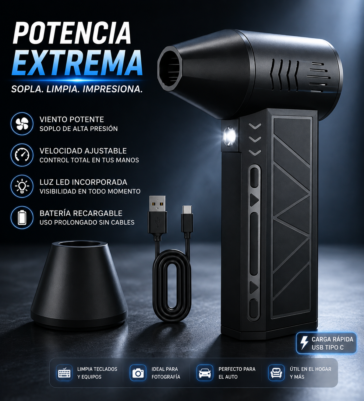 Soplador Turbo de Aire Portátil Recargable con Linterna LED