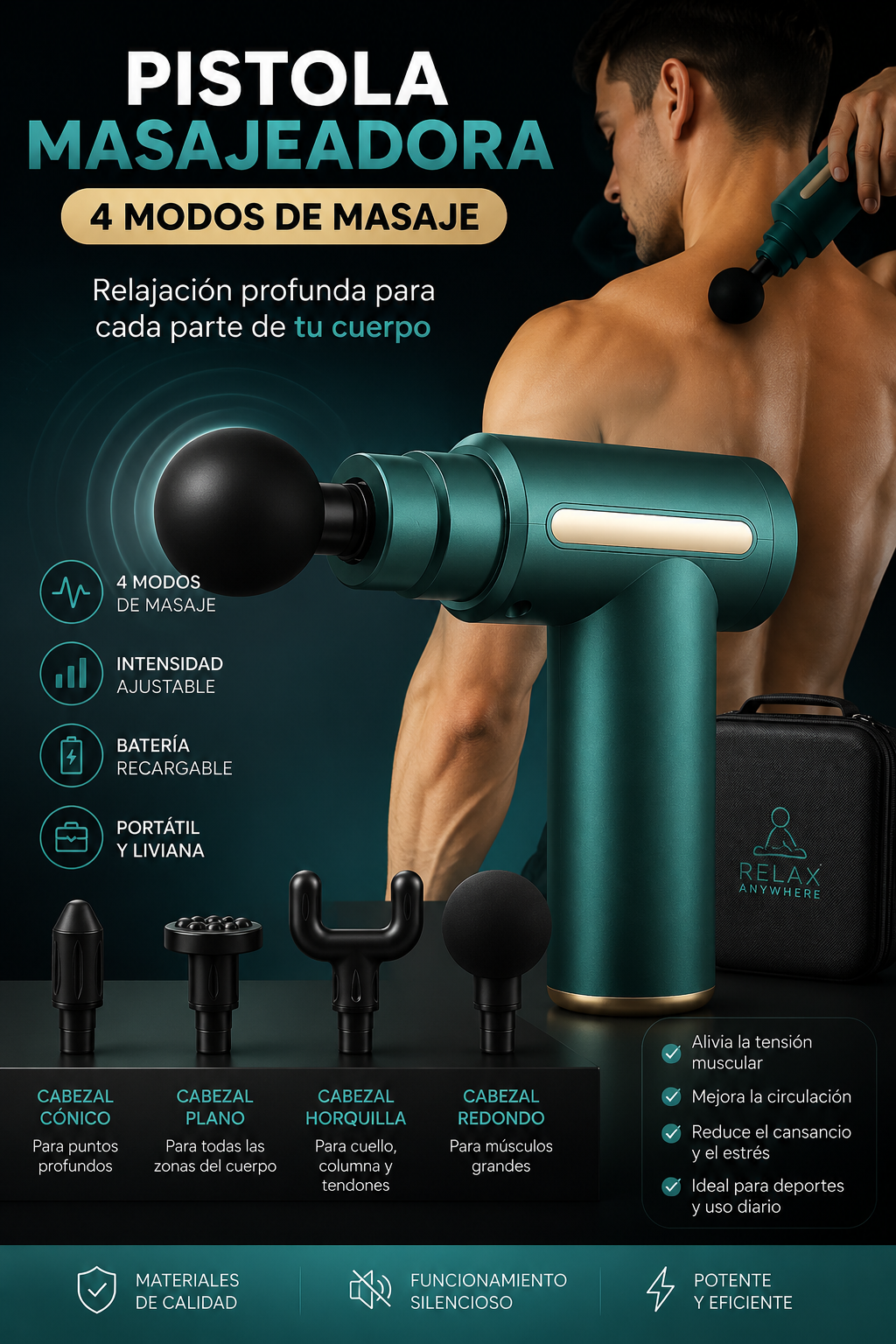 Pistola Masajeadora 4 Modos | Alivio y Relajación en Todo el Cuerpo