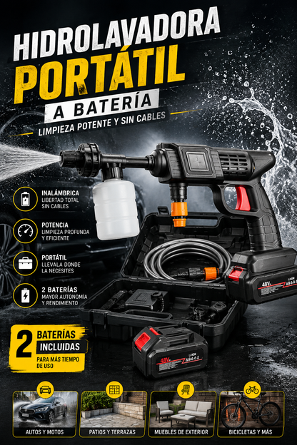 Hidrolavadora Portátil a Batería | 2 Baterías Incluidas | Limpieza Potente y Sin Cables