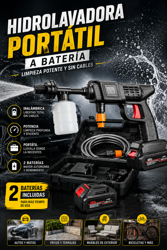 Hidrolavadora Portátil a Batería | 2 Baterías Incluidas | Limpieza Potente y Sin Cables