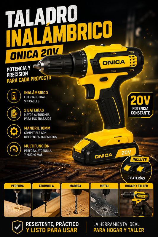 Taladro Inalámbrico ONICA 20V | 2 Baterías Incluidas | Potente y Práctico