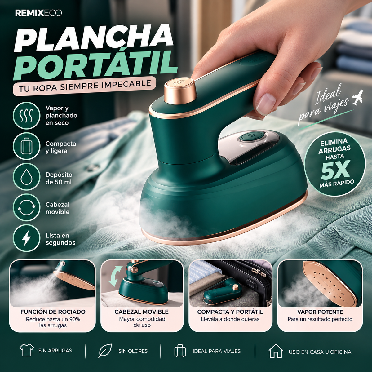 Plancha Portátil de Viaje | Compacta, Práctica y Cabezal Movible