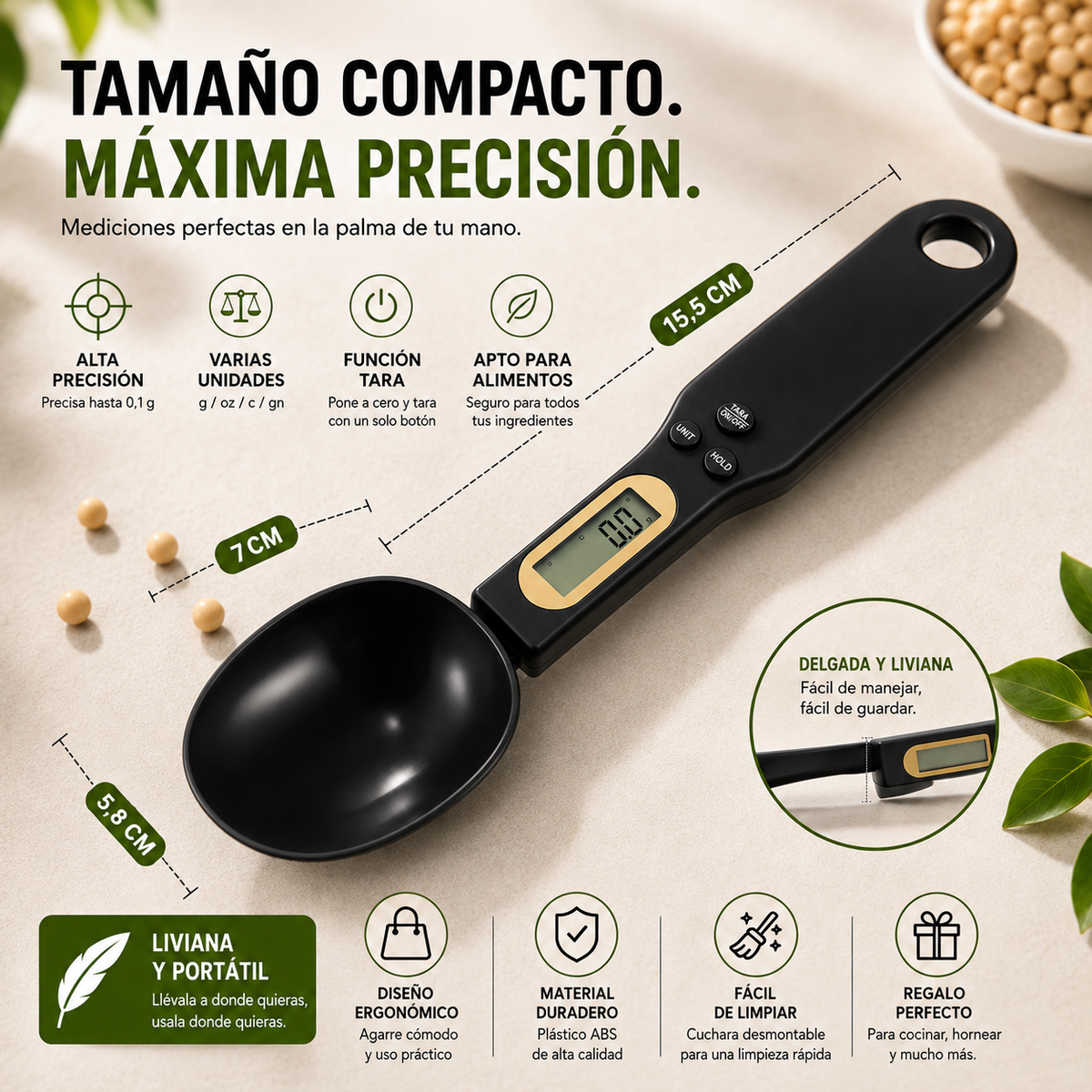 Cuchara Medidora Digital con Balanza hasta 500g + Pila Incluida
