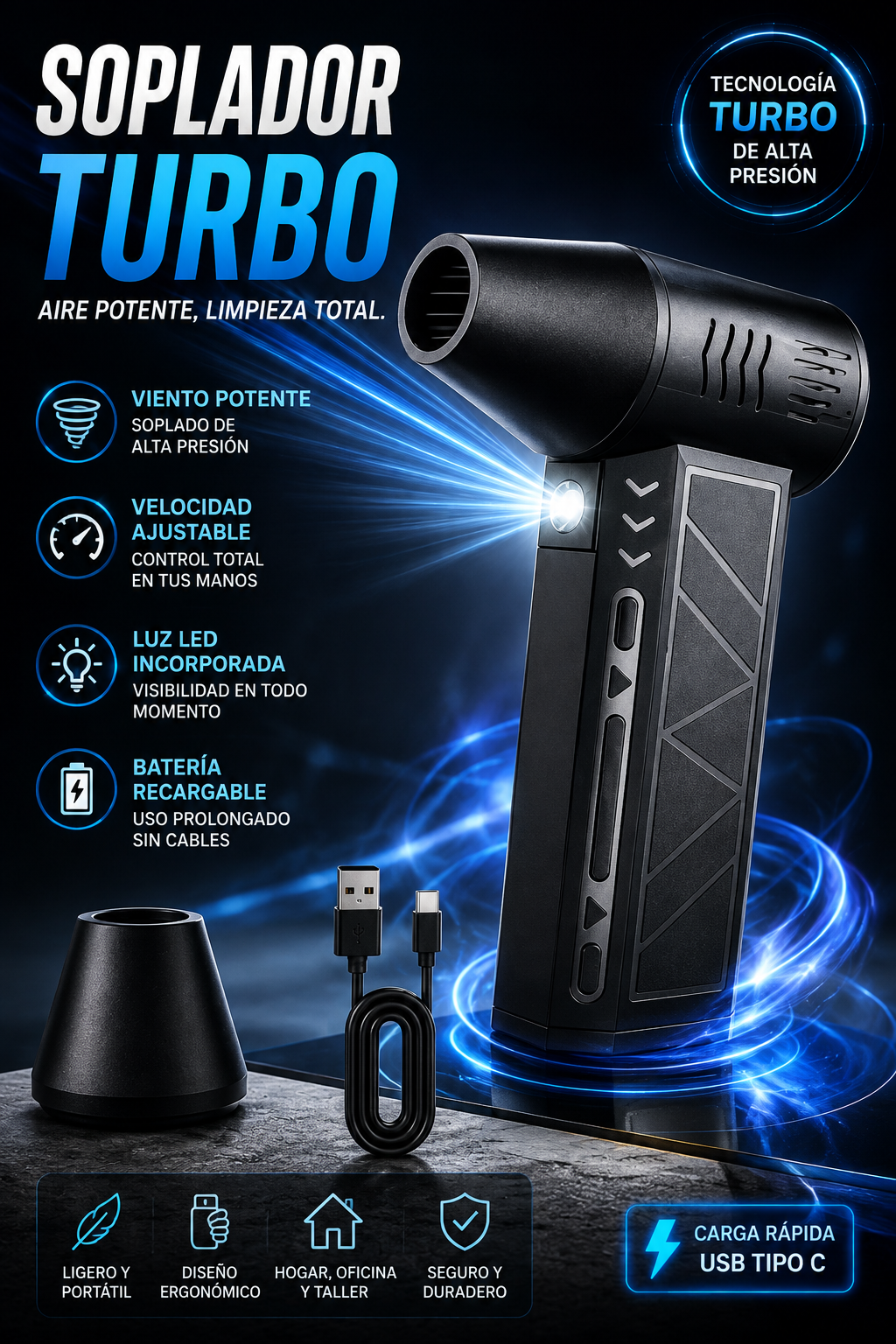 Soplador Turbo de Aire Portátil Recargable con Linterna LED