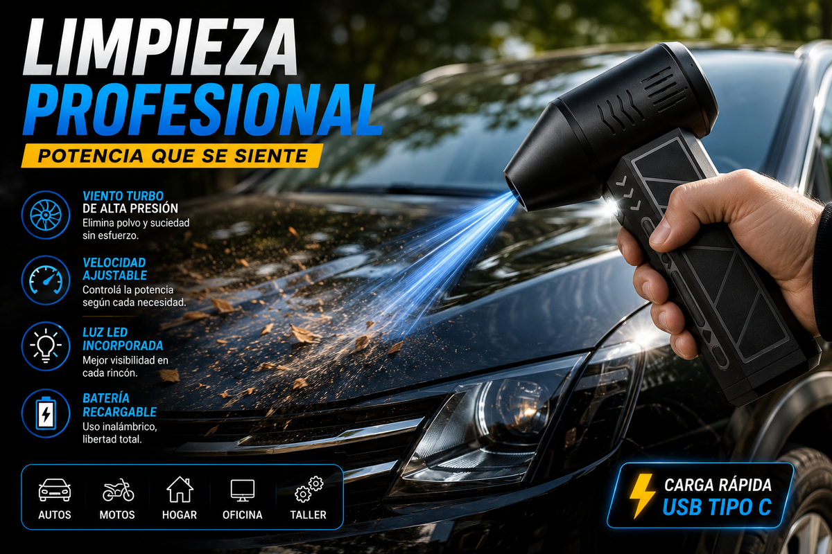Soplador Turbo de Aire Portátil Recargable con Linterna LED
