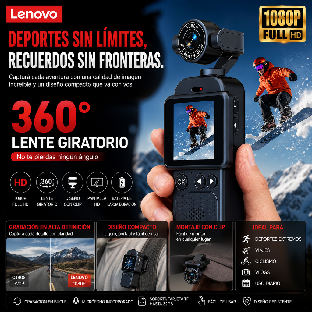 Lenovo 1080P HD 360° Action Camera with Stabilization and Long Battery Life