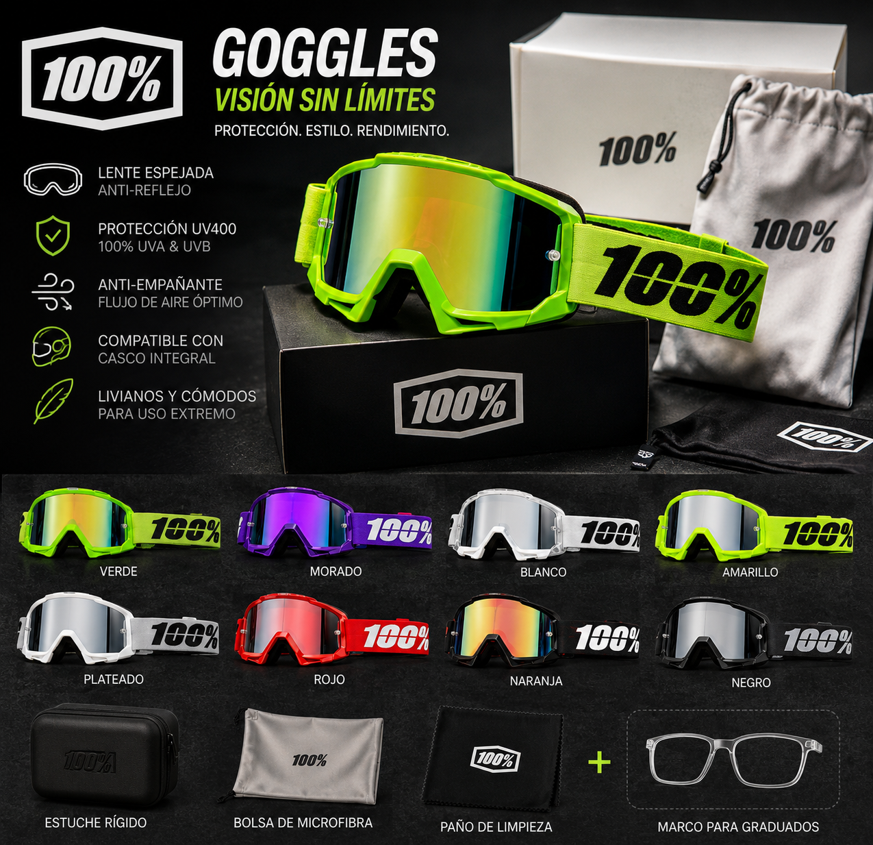 Motorcycle and Motocross Goggles with UV400 Mirrored Lens