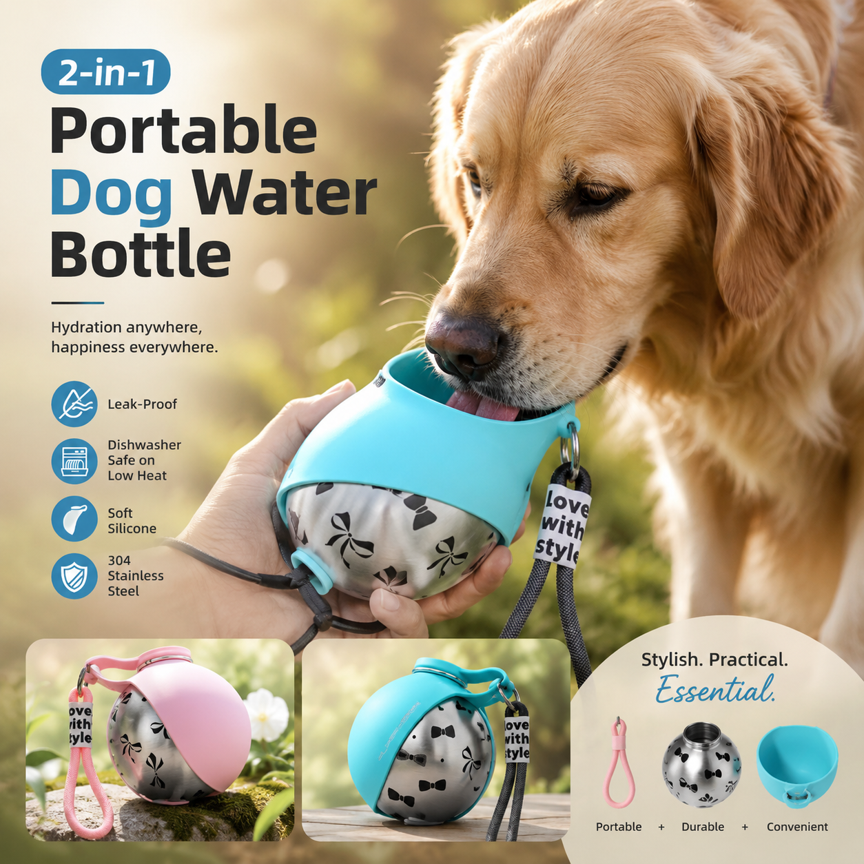 2-in-1 Spill-Proof Stainless Steel Portable Dog Water Bottle