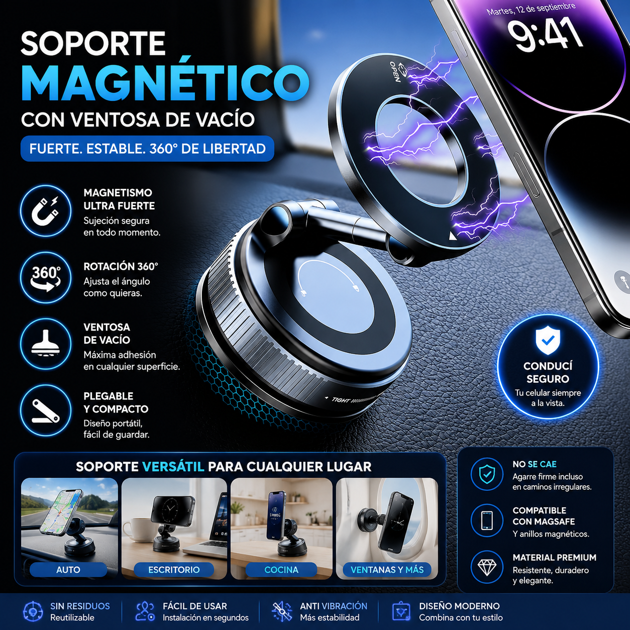 Magnetic Phone Holder with 360° Suction Cup for Car and Desk