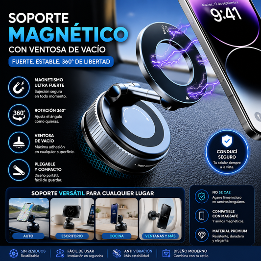 Soporte Magnético para Celular con Ventosa 360° para Auto y Escritorio
