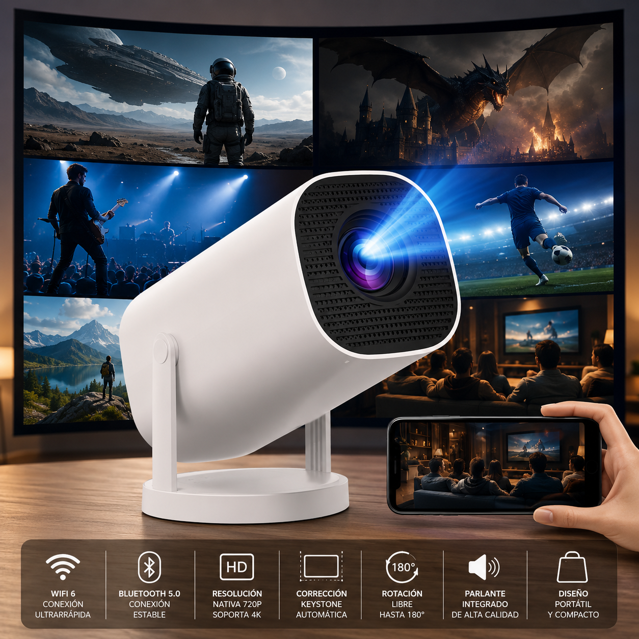 Smart Portable Projector with WiFi 6 and Bluetooth 5.0 | HD 720P Compatible with 4K