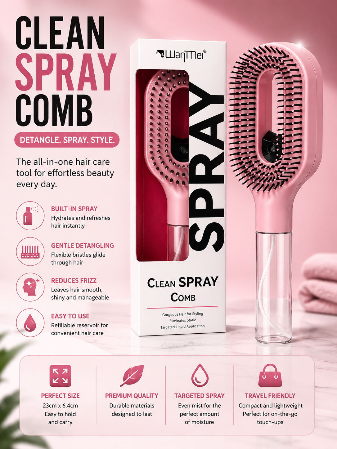 2-in-1 Detangling Brush with Anti-Frizz Hair Spray