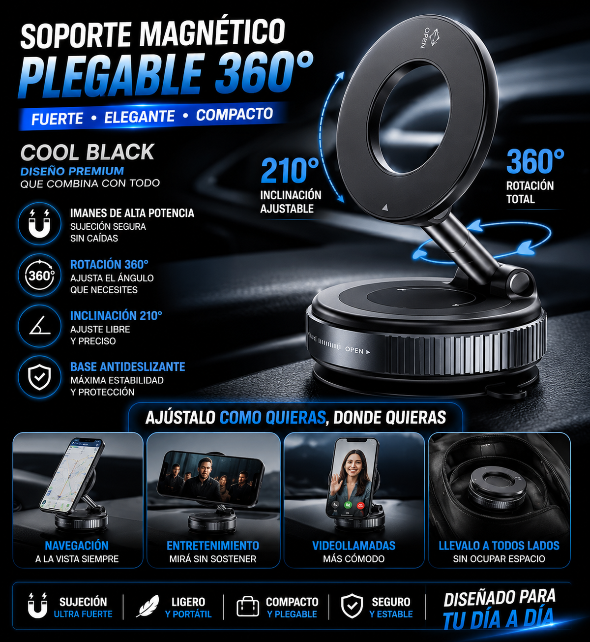 Soporte Magnético para Celular con Ventosa 360° para Auto y Escritorio