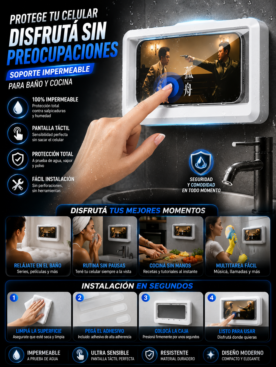 Waterproof Bathroom Phone Holder with Touch Screen