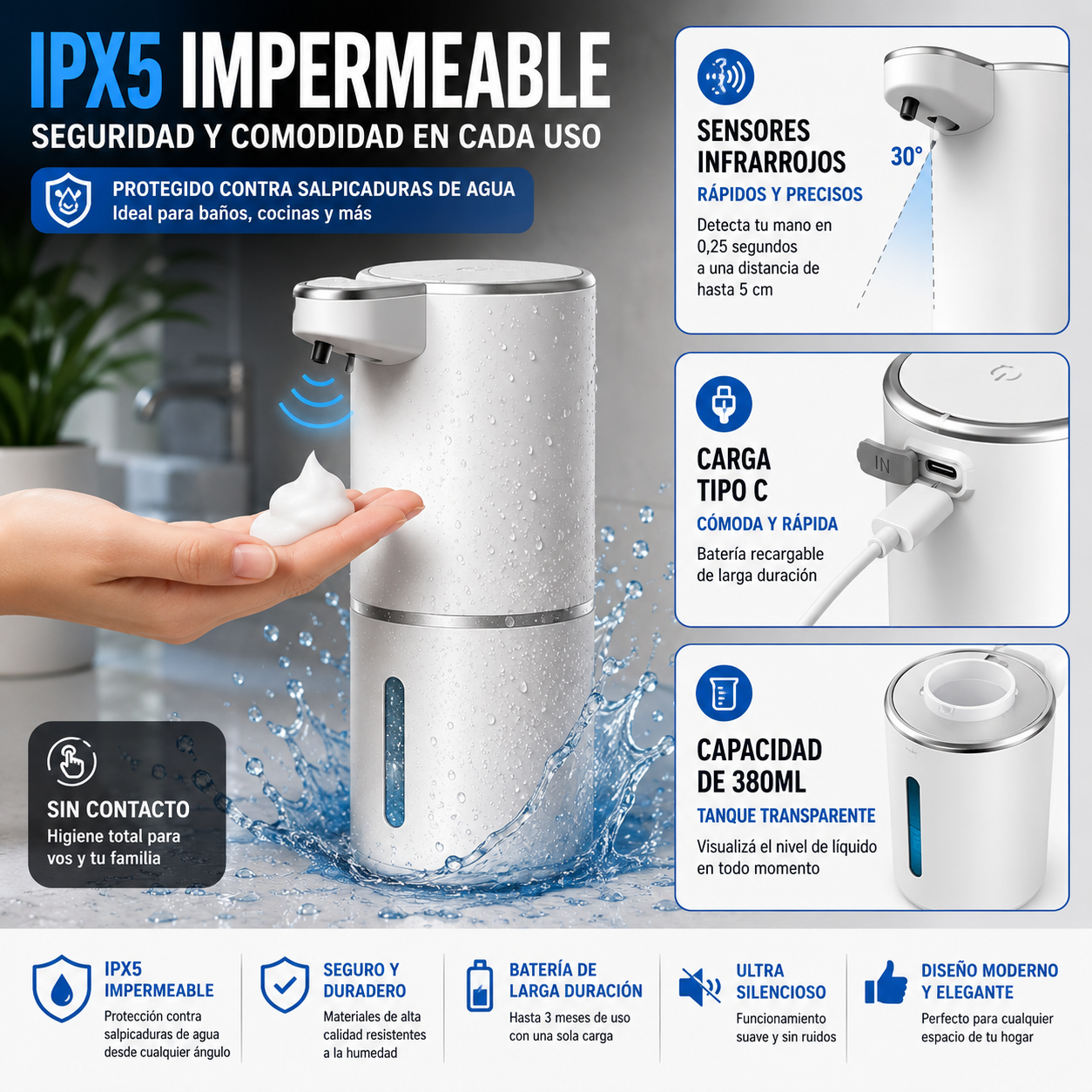Automatic Soap Dispenser with USB Rechargeable Sensor