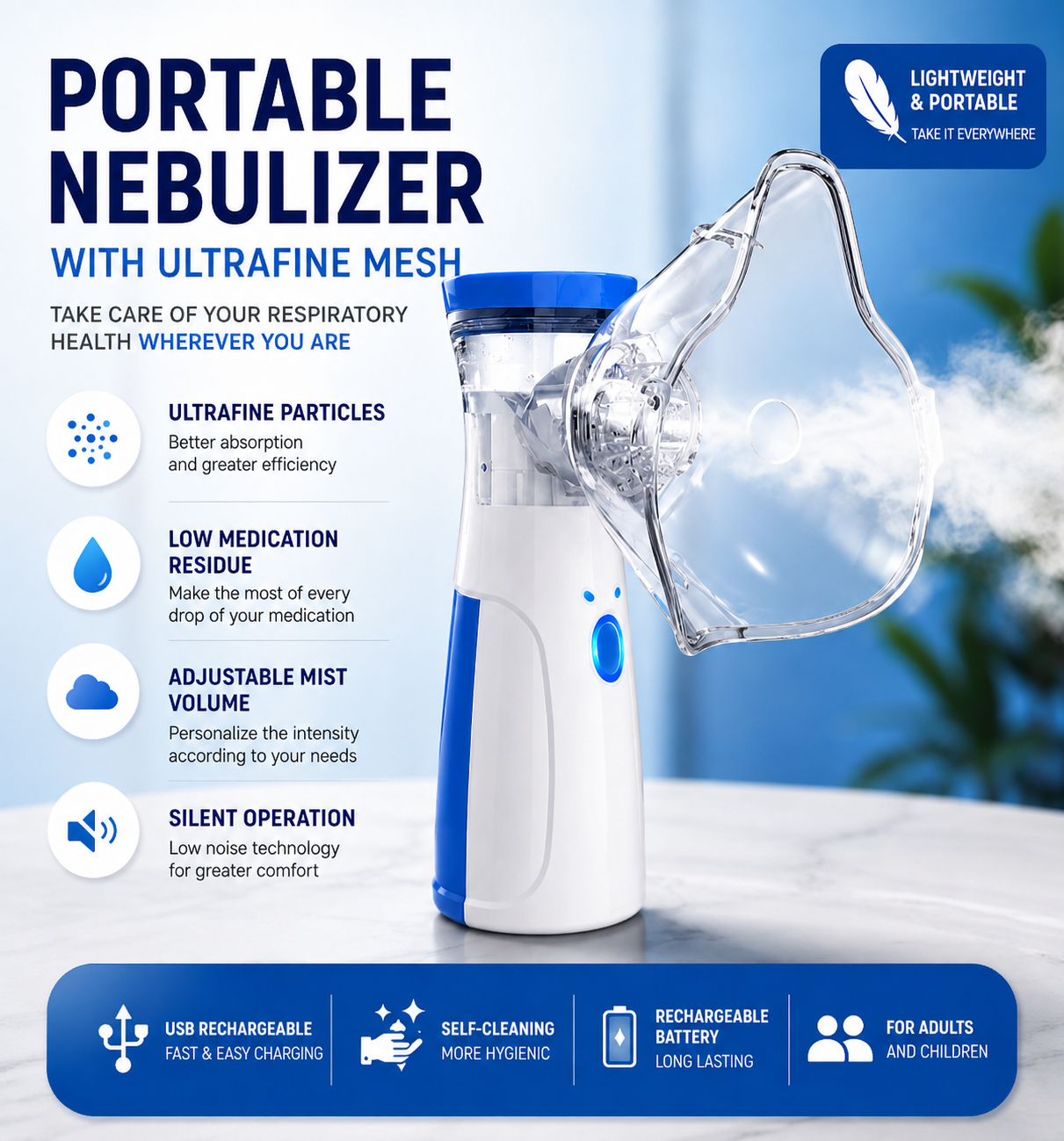 Portable USB Mesh Nebulizer for Adults and Children | Silent and Rechargeable