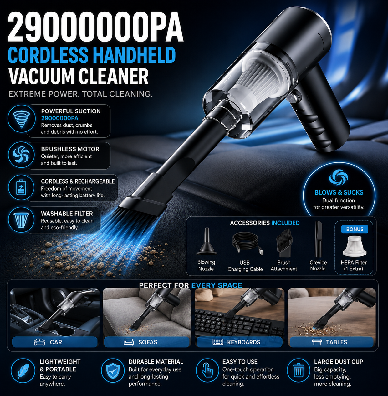 120W Rechargeable Cordless Handheld Vacuum Cleaner for Car and Home