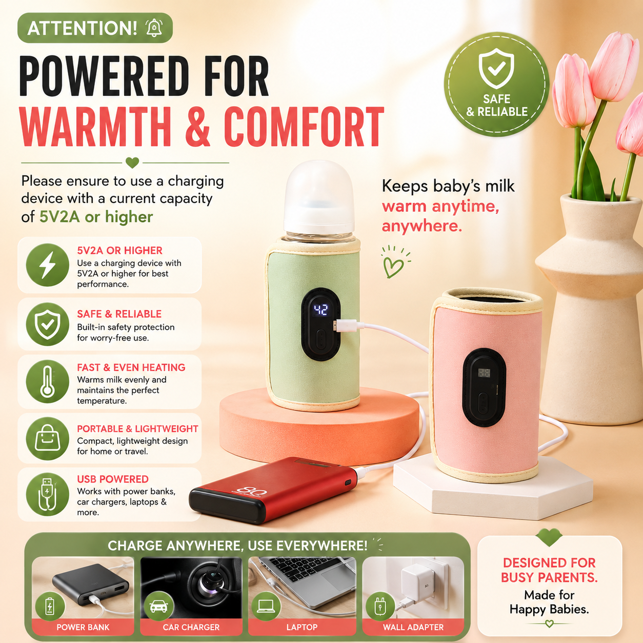 Portable USB Baby Bottle Warmer – Fast Milk Heater for Travel, Car & Stroller