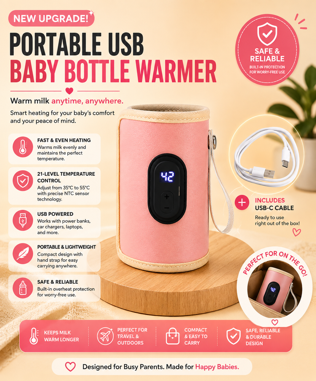 Portable USB Baby Bottle Warmer – Fast Milk Heater for Travel, Car & Stroller
