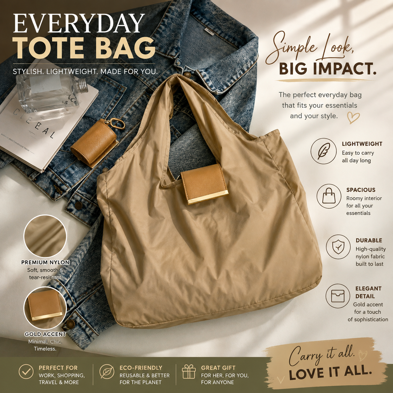 Portable Foldable Tote Bag – Reusable Waterproof Grocery & Travel Shopping Bag