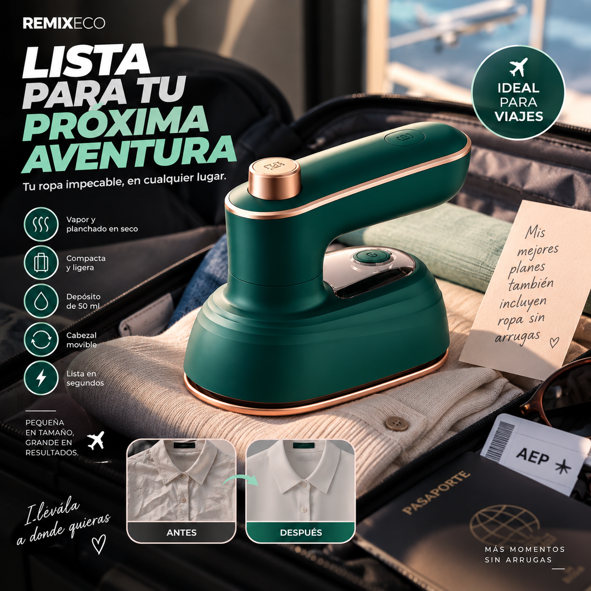 Plancha Portátil de Viaje | Compacta, Práctica y Cabezal Movible